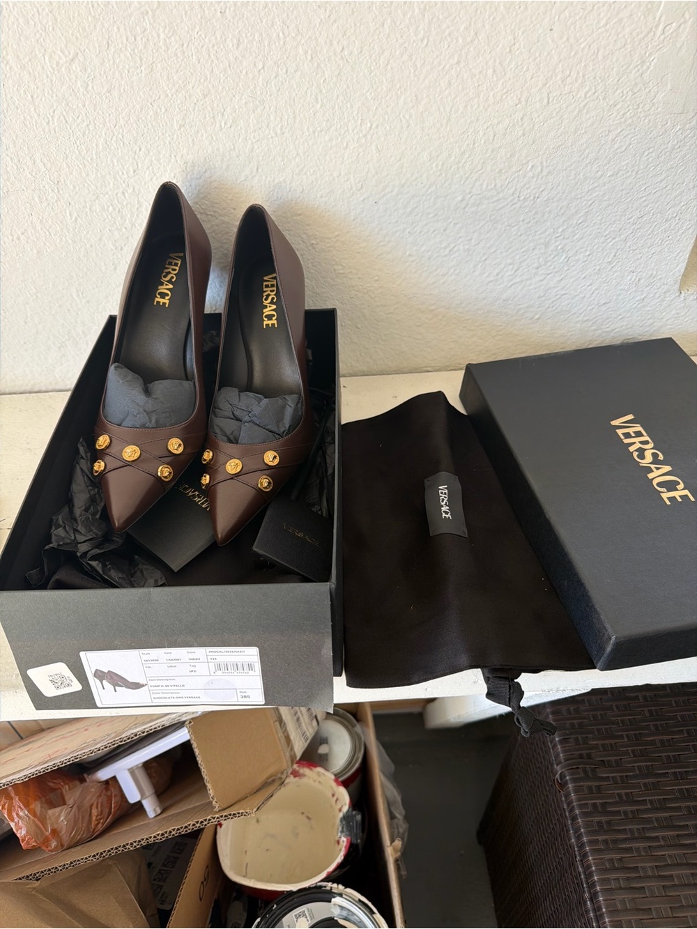 Versace Brown Pointed-Toe Patent Pumps with Gold Medusa Studs